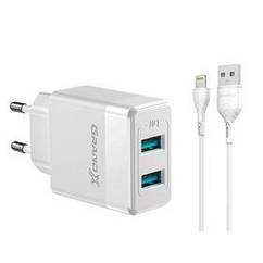 Мережевий зарядний пристрій Grand-X (2xUSB 2.4 А) White (CH-50WL) + cable USB-Lightning