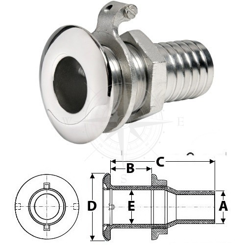 Штуцер зливний з заземленням для човна шланг 44 мм нержавіюча сталь Osculati різьба 1-1/2″ дзеркальне полірування Італія, фото 1