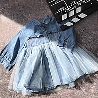 Платье джинс с длинным рукавом и с фатиновой юбкой Голубое 0533 99, Голубой, Девочка, Весна Лето, 100 см, 3