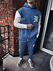 Чоловічий зимовий спортивний костюм сірий із білим на флісі з капюшоном ⁇ Комплект худі та штани з начосом, фото 5