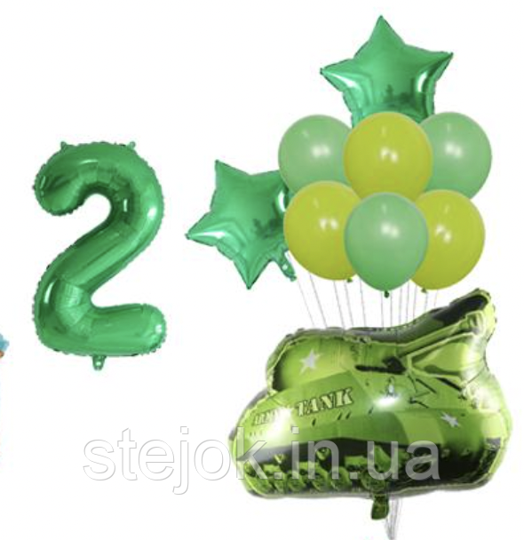 Набір куль латексних і фольгованих Танк із цифрою || зелений, фото 1
