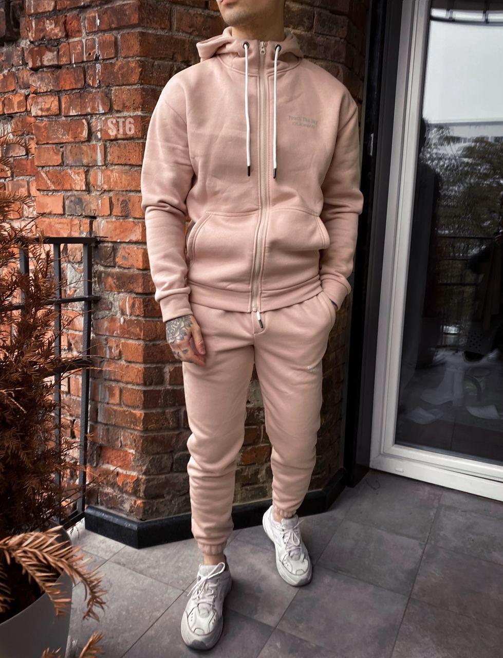 Чоловічий зимовий спортивний костюм бежевий на блискавці з капюшоном ⁇ Комплект толстовка та штани на флісі, фото 1