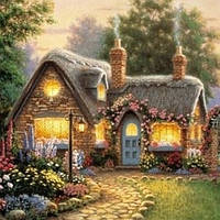 Діамантова вишивка. Картина на підрамнику "Домік у селі", 25х25 см, квадратні стрази