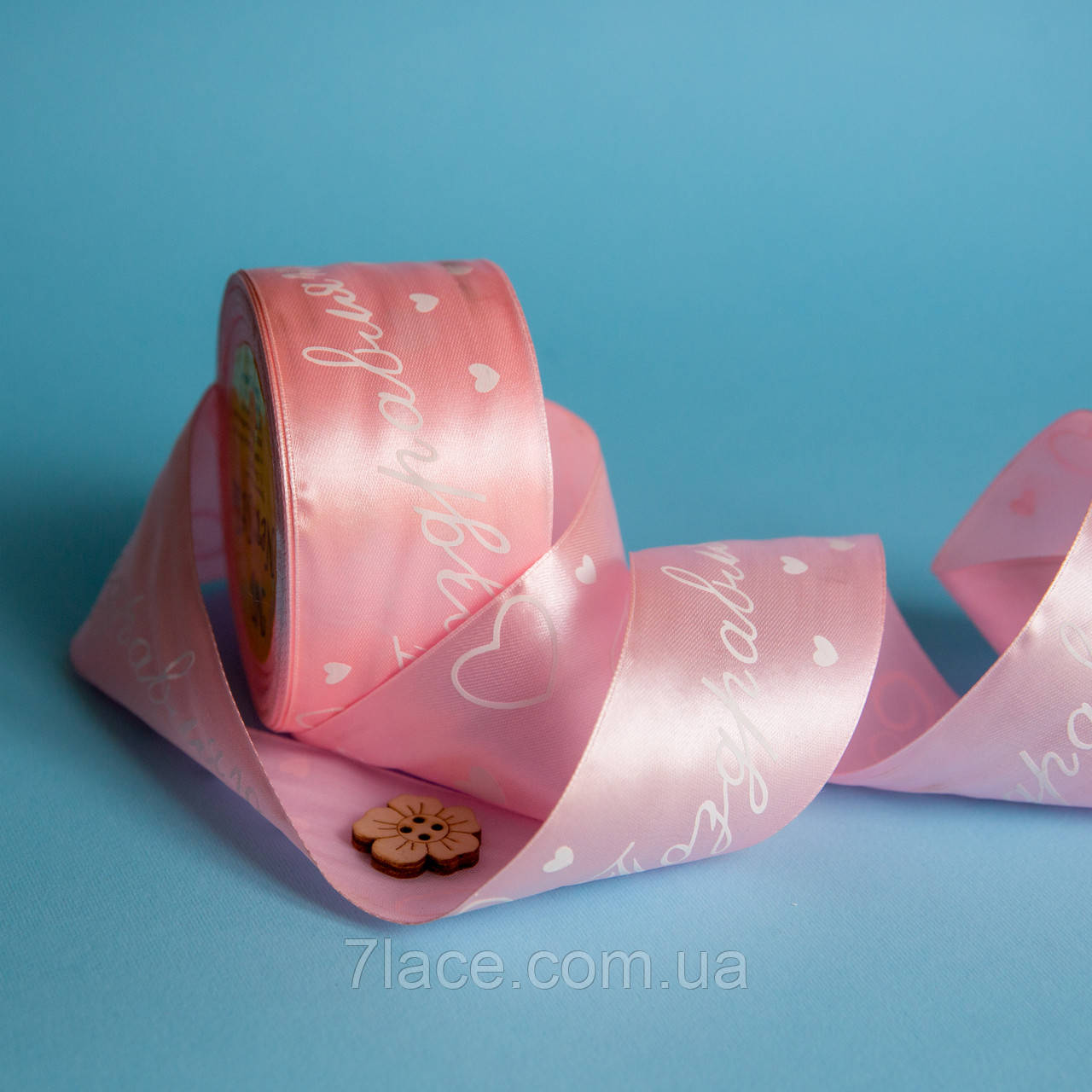Стрічка атласна з принтом / колір СВІТЛО-РОЖЕВИЙ / ширина 5 см / від 1 метра, фото 1