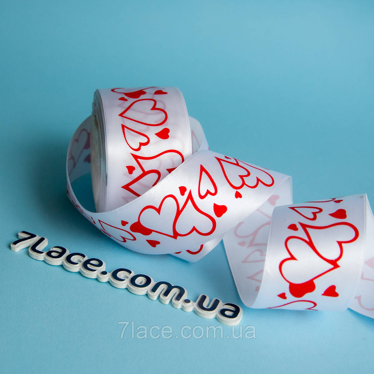 Стрічка атласна з принтом / колір БІЛИЙ / ширина 5 см / від 1 метра, фото 1
