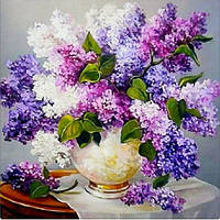 Діамантова вишивка. Картина на підрамнику "Букет бузки", 30х30 см, квадратні стрази