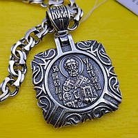 Массивный серебряный подвес Святой Николай Чудотворец с цепочкой бисмарк серебро черненое 925 проба цепь кулон 60 см