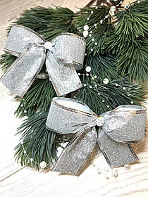 Новорічний декор. Прикраса новорічна - бантик срібло (10 см ) (10штук )