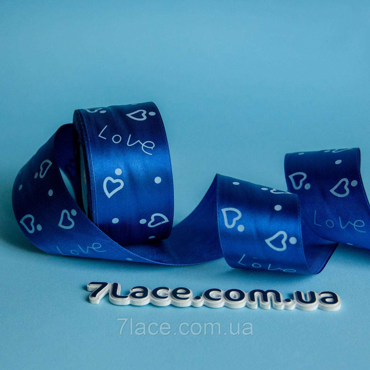 Стрічка атласна з принтом / колір ТЕМНО-СИНІЙ / ширина 5 см / від 1 метра, фото 1