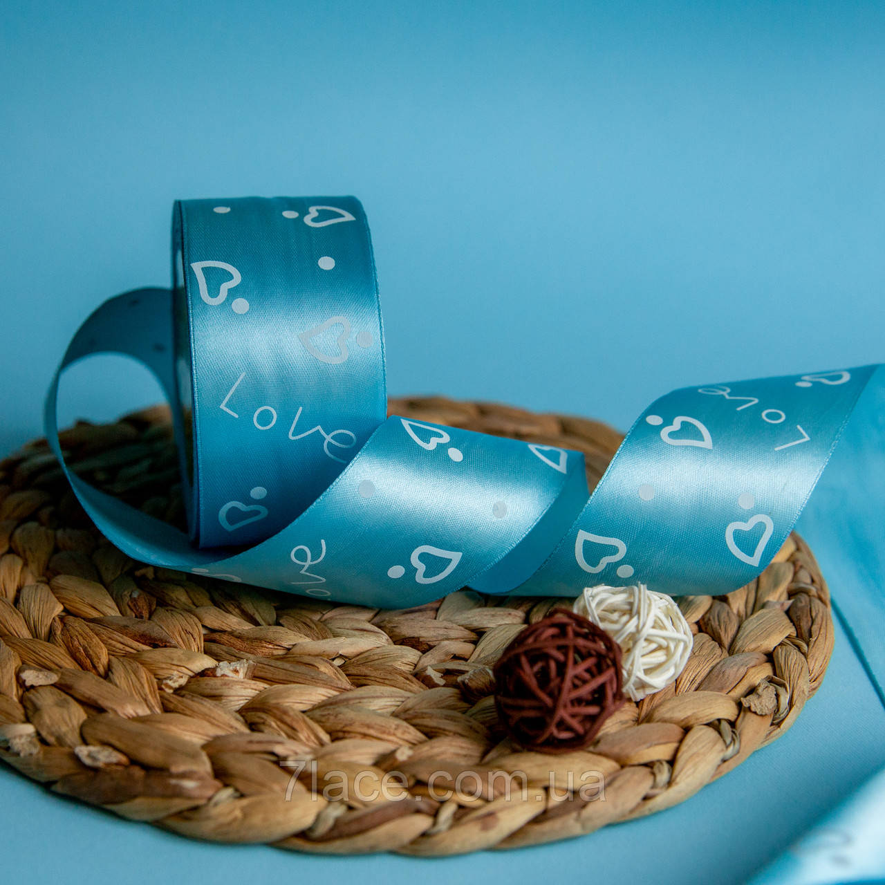 Стрічка атласна з принтом / колір БЛАКИТНИЙ / ширина 5 см / від 1 метра