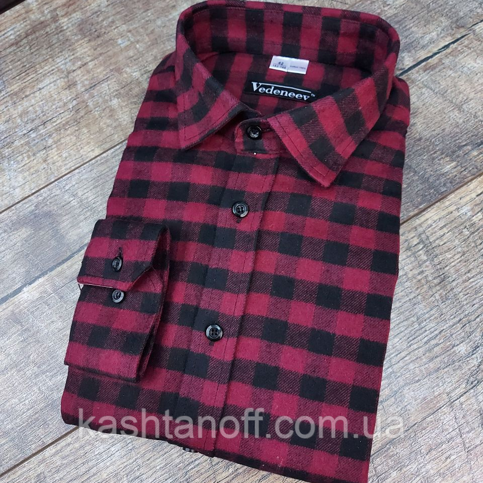 Чоловіча фланелева сорочка в клітинку, бордово-чорна, фото 1