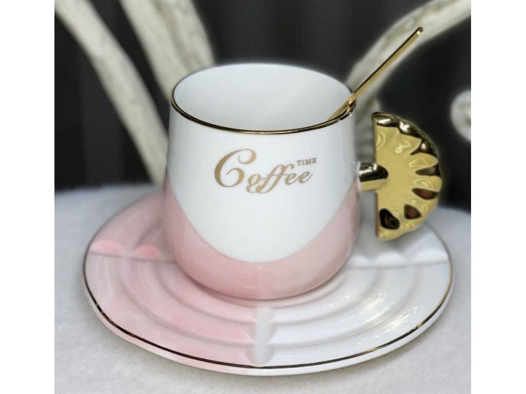 💛Чашка з блюдце та ложкою, 200 мл, керамічна, гарна, Біла з рожевим, фото 1