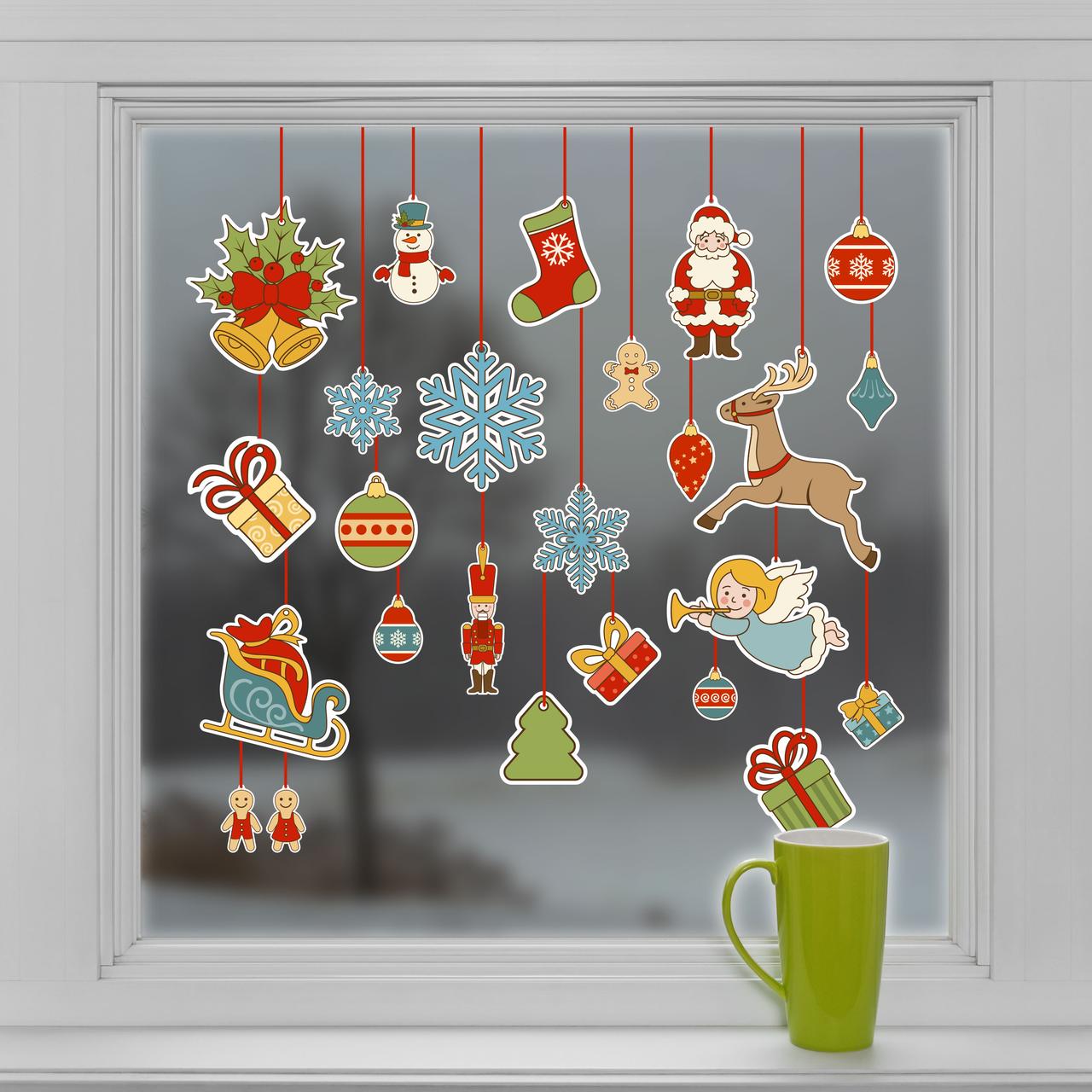 Набір новорічних наклейок Новорічна гірлянда (кулі на ниточках іграшки декор вікон стін) матова 800х950 мм, фото 1