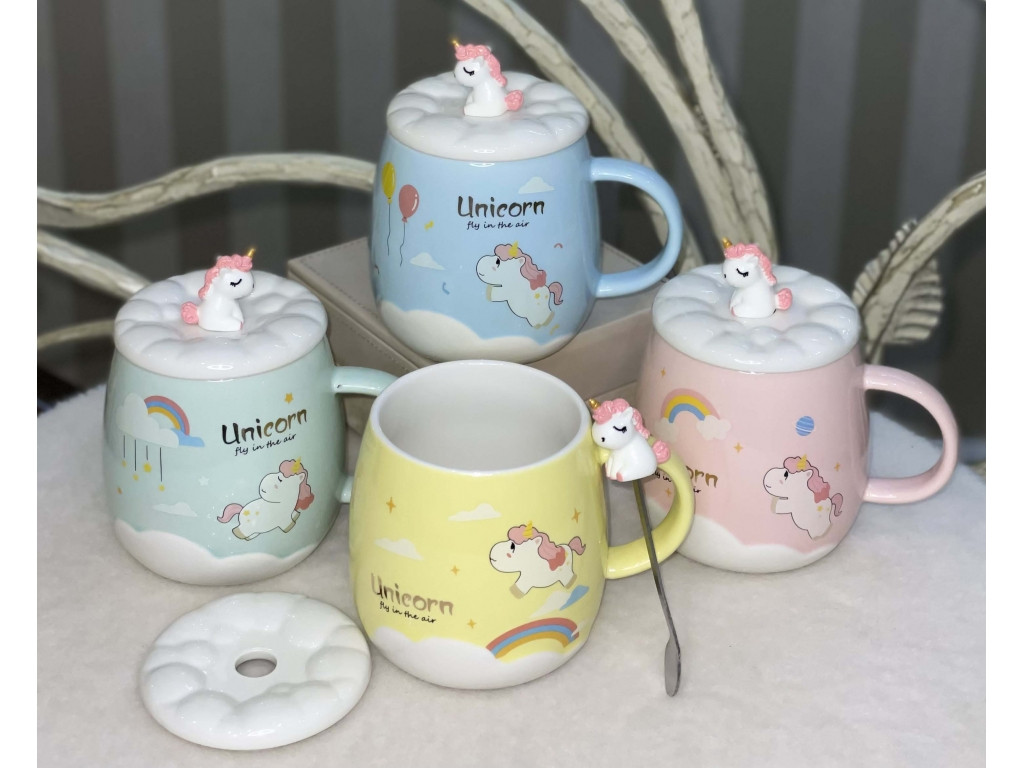 💛Чашка керамічна дитяча з кришкою та ложечкою Єдиноріг, 480 мл, яскрава, 4 кольори, фото 1