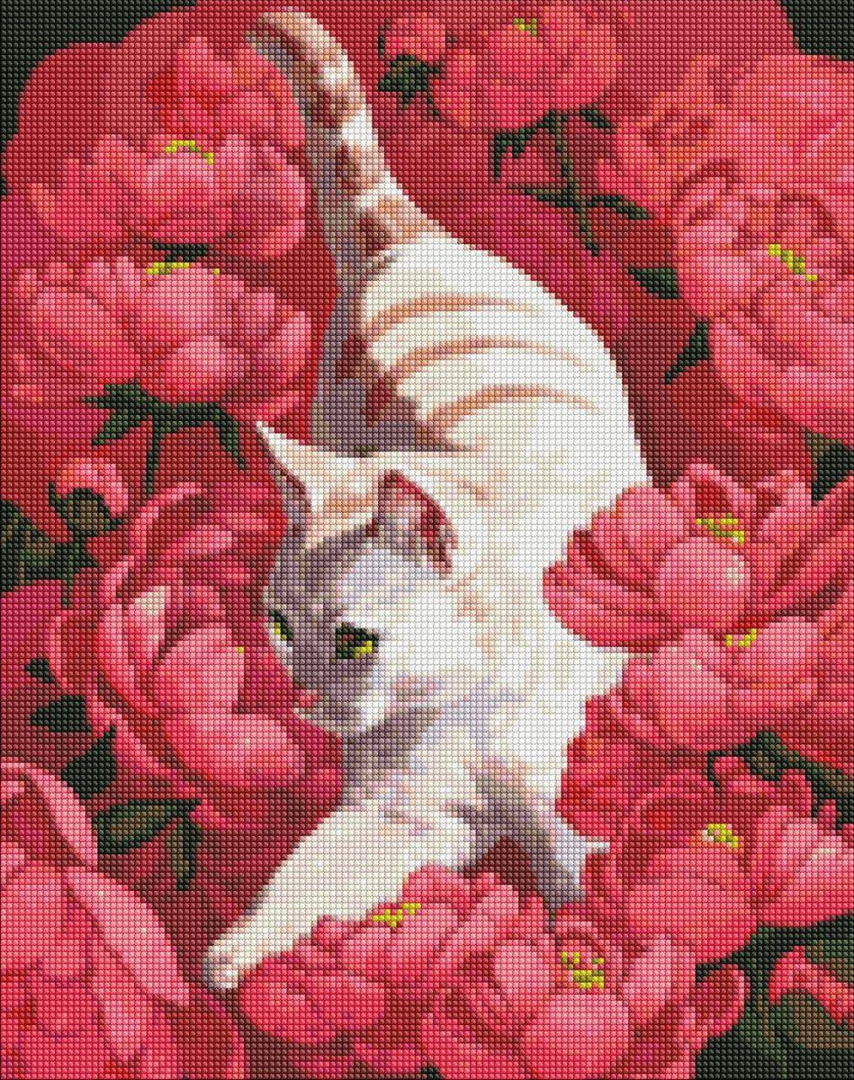 Алмазна мозаїка "Котик у півонії", 40х50см. AMO7258