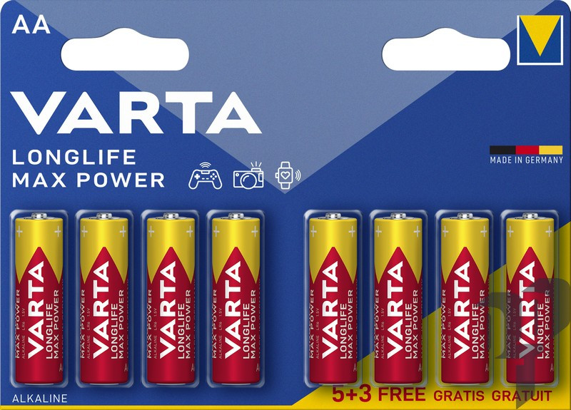 Батарейка Varta Longlife Max Power, Alkaline LR6 (АА), лужна, 8 шт., 19.5 грн/шт.