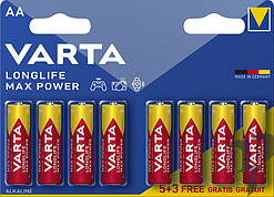Батарейка Varta Longlife Max Power, Alkaline LR6 (АА), лужна, 8 шт., 19.5 грн/шт.