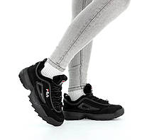 Зимові кросівки жіночі з хутром Fila Disruptor 2 чорні. Зимове взуття жіноче чорне Філа Дісраптор 2 замші 38