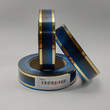 Стрічка ритуальна, 3D металік, колір голубий, ЗОЛОТО - 3 см