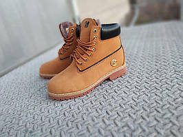 41 р Мужские ботинки в стиле Timberland  CAMEL с темным манжетом EST 1973 кожаные c натуральным мехом ЗИМА