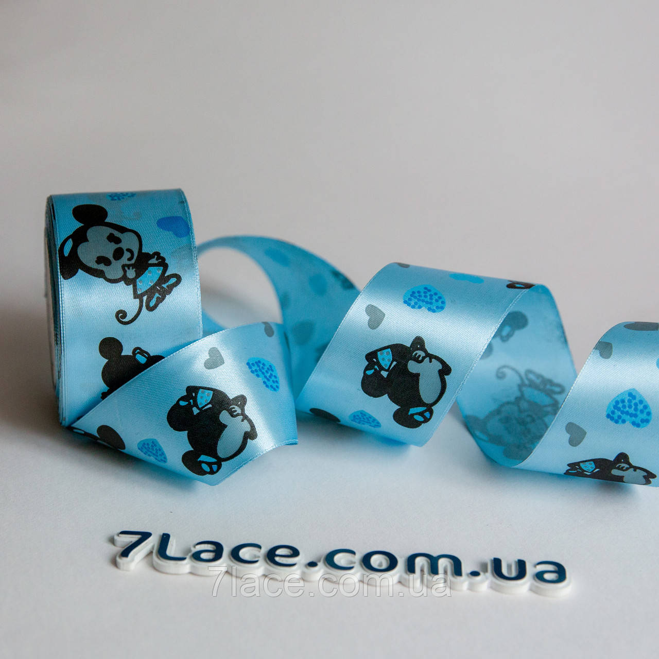 Стрічка атласна з принтом / колір БЛАКИТНИЙ / ширина 5 см / від 1 метра, фото 1