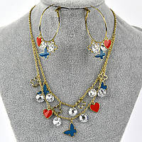 Комплект ювелірної біжутерії позолота 18K із сердечками та метеликами в стразах сережки кільця довжина кольє 47 см