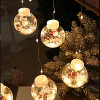 Гирлянда Штора "Шары с наполнением Дед Мороз" 3.0 м 10 шаров / Светодиодная гирлянда, Разноцветная