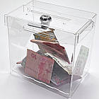 Прозора скринька для пожертвувань із замком, бокс для грошей 150x150x100. Об'єм 2,2 літра, фото 2