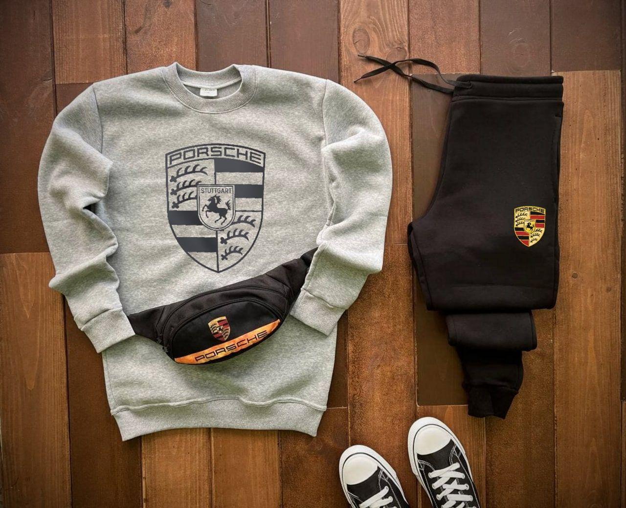 Чоловічий зимовий спортивний костюм Porsche сірий без капюшона + барсетка в подарунок світшот і штани