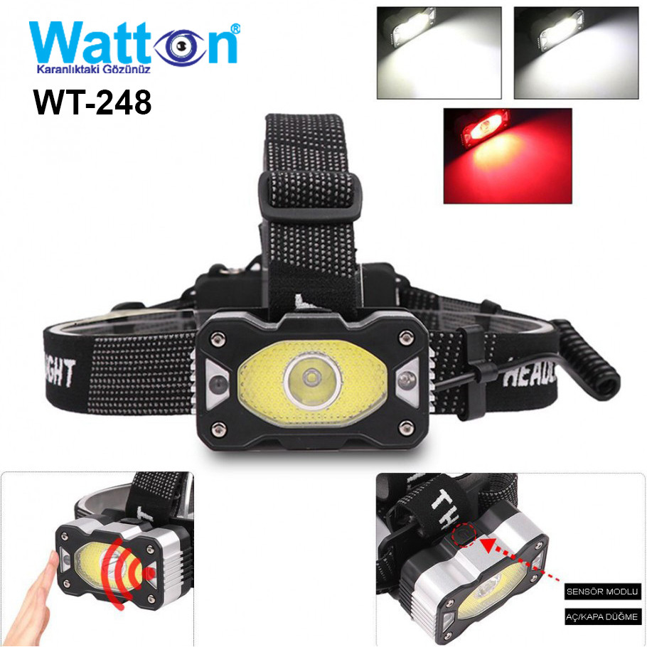 Налобний ліхтар із червоним світлом WATTON WT-248 з 4 режимами роботи, 2 акумуляторні батареї 18650