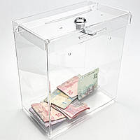 Скринька для грошей і анкет, бокс для пожертвувань 200x230x110 із замком прозорий на 5 літрів