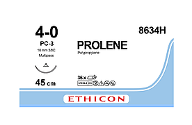 Хірургічна нитка Ethicon Пролен (Prolene) 4/0, довжина 45см, реж. голка 16мм, 8634H (W8007T)