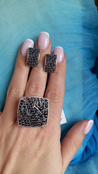 Срібний комплект Карамель з чорними фіанітами, фото 1