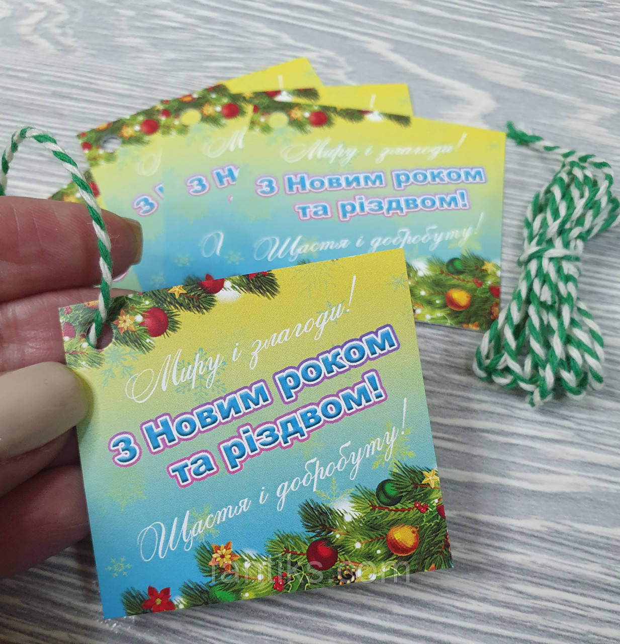 Набір бірок (міні листівок) для будь-яких подарунків "З Новим Роком та різдвом" 5 штук + мотузка 1 м