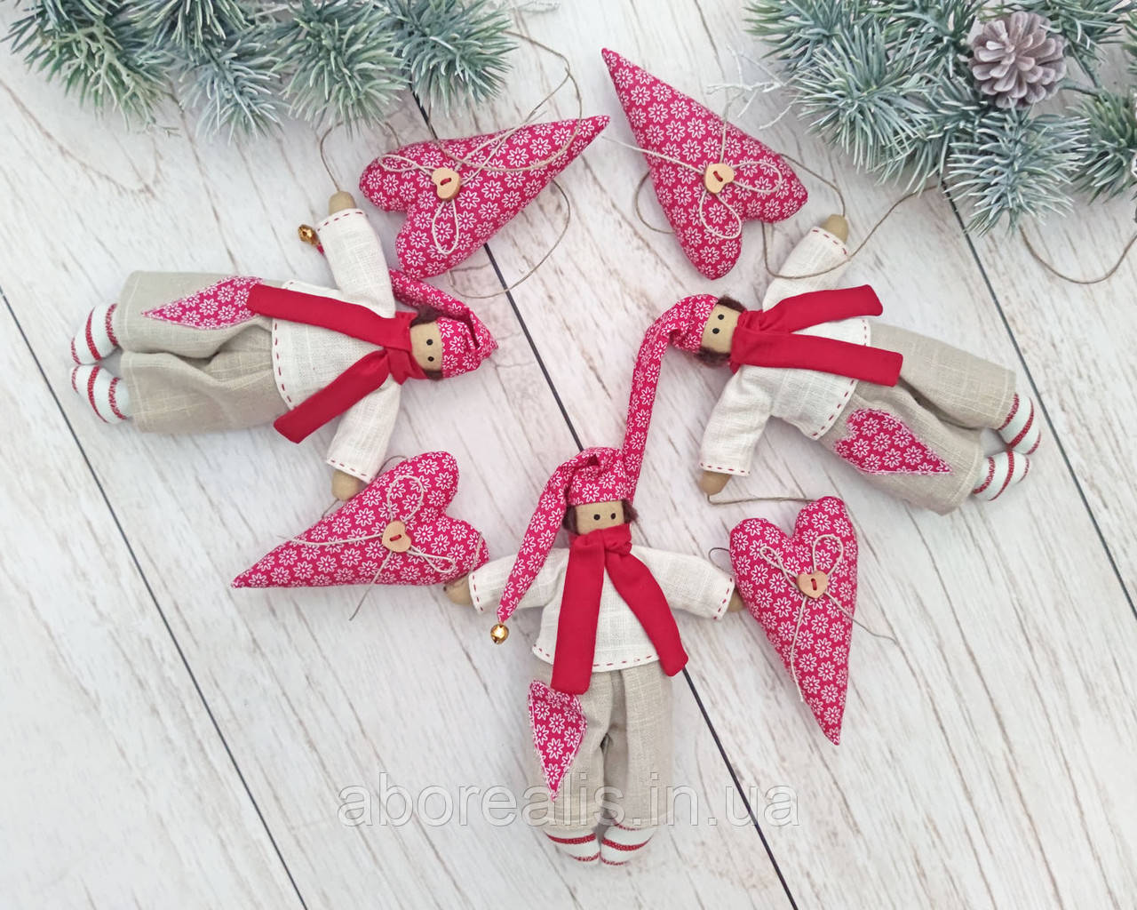 Гірлянда новорічна текстильна в стилі тільда "Гноми з серцями", фото 1