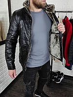 Чоловіча стильна шкіряна курточка, чорна з хутром по всьому торсу