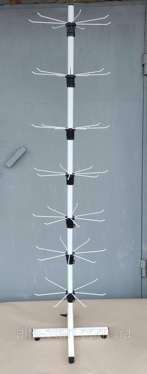 Стійка вертушка біла з гачками на колесах для навісних товарів