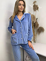Тёплая зимняя пижама на пуговицах домашний костюм велюровый голубого цвета т.м. Lekol