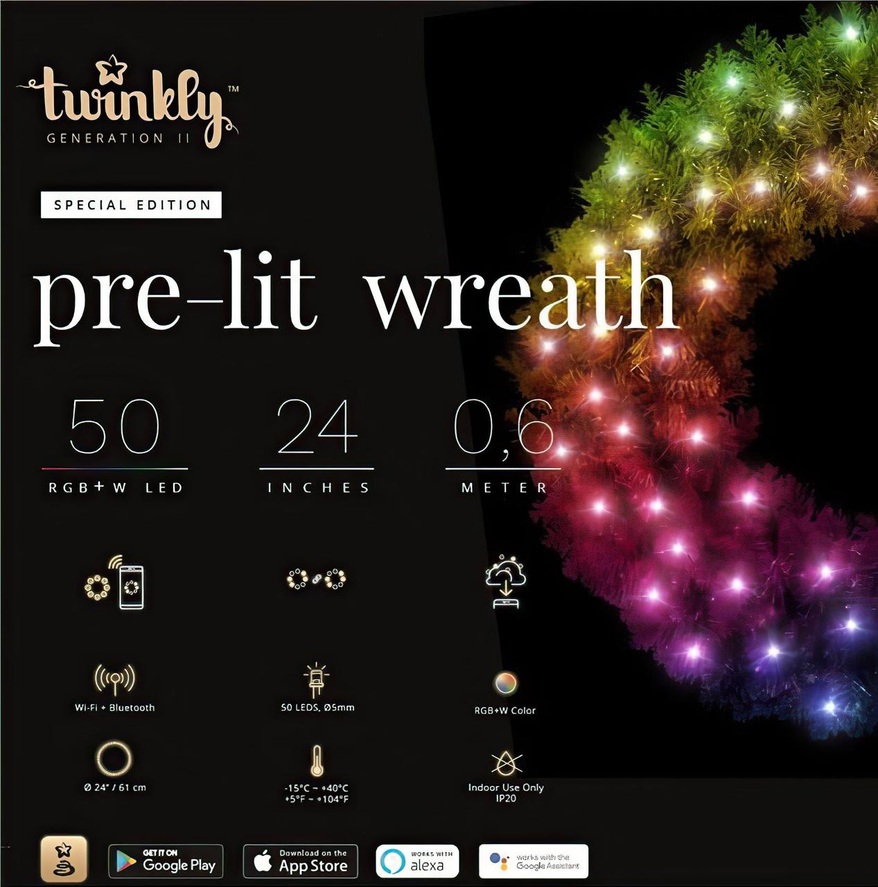Світлодіодна Smart LED-гірлянда на ялиновій віночці Twinkly Pre-lit Wreath RGBW 50, 60 см, BT+WiFi, Gen II, IP44, фото 1