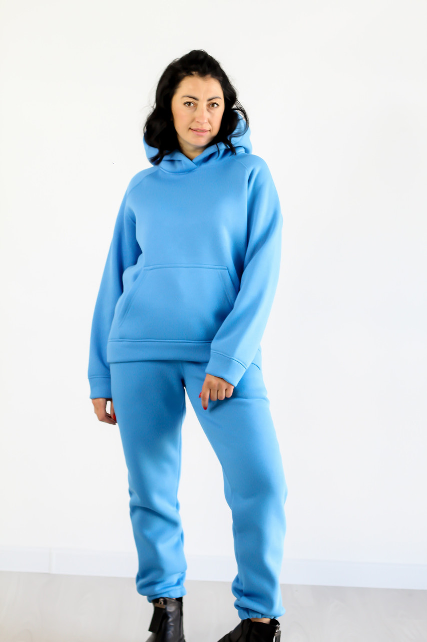 Костюм утеплений жіночий худі та спортивні штани турецька тринитка на флісі колір блакитний