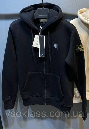 "2XL,3XL" Stone Island зимняя кофта Зип худи на флисе черная мужская ...