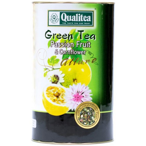 Зелений чай Qualitea крупнолистовий з маракуї та пелюсток рожевого волошка 100 грам - фото 1 - id-p1714953569