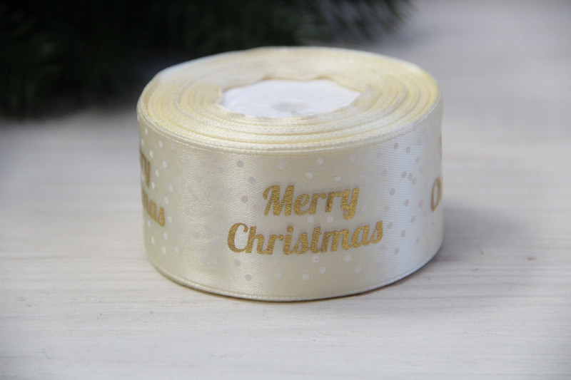 Атлас " Merry Christmas з горошками " 4 см бежевий рулон 22.5 метри