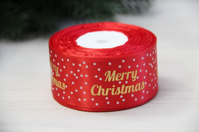 Атлас " Merry Christmas з горошками " 4 см червоний рулон 22.5 метри, фото 1