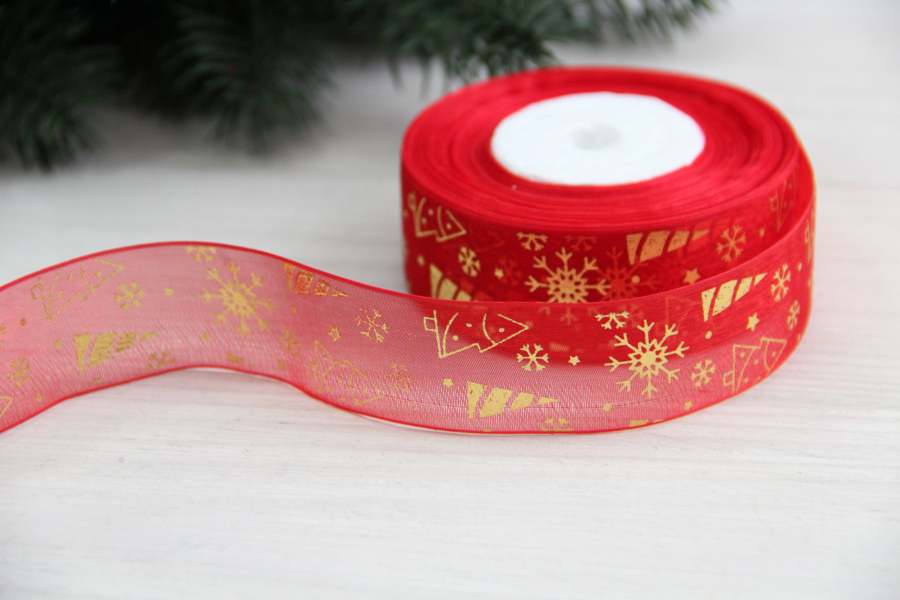 Органза " Ялинки зі сніжинками " 2,5 см червона рулон 22.5 метри