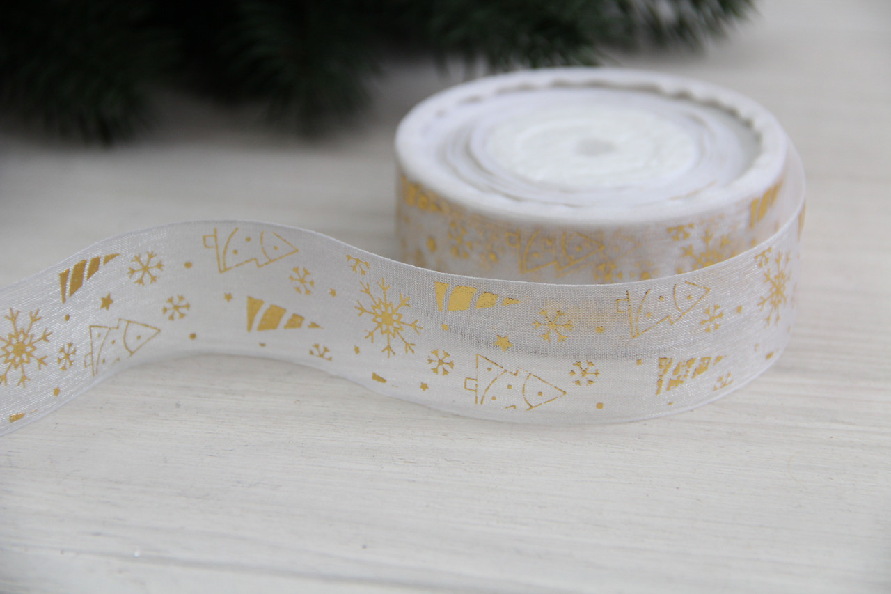 Органза " Ялинки зі сніжинками " 2,5 см червона рулон 22.5 метри, фото 1