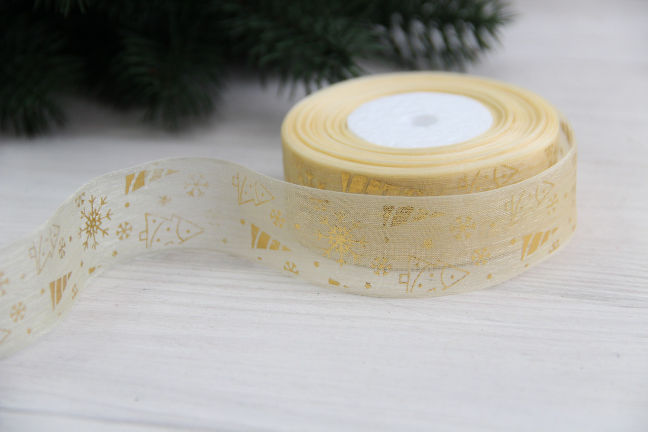 Органза   " Ялинки зі сніжинками  "  2,5 см  бежева   рулон 22.5 метри