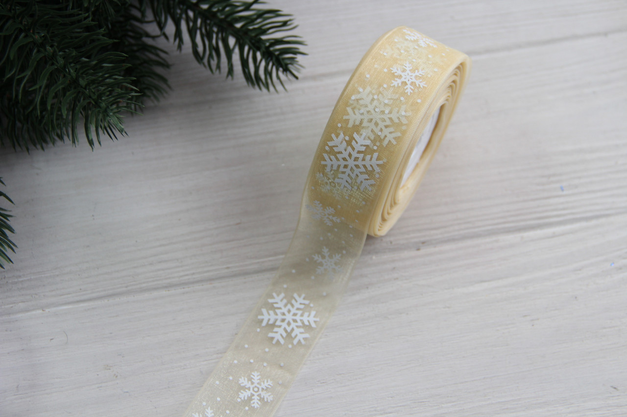 Органза "Білі сніжинки " 2,5 см бежева рулон 22.5 метри, фото 1