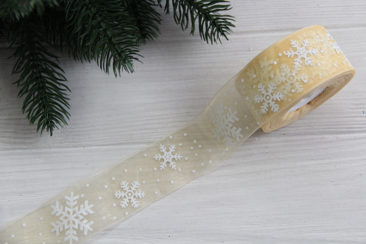 Органза "Білі сніжинки " 4 см бежева рулон 22.5 метри