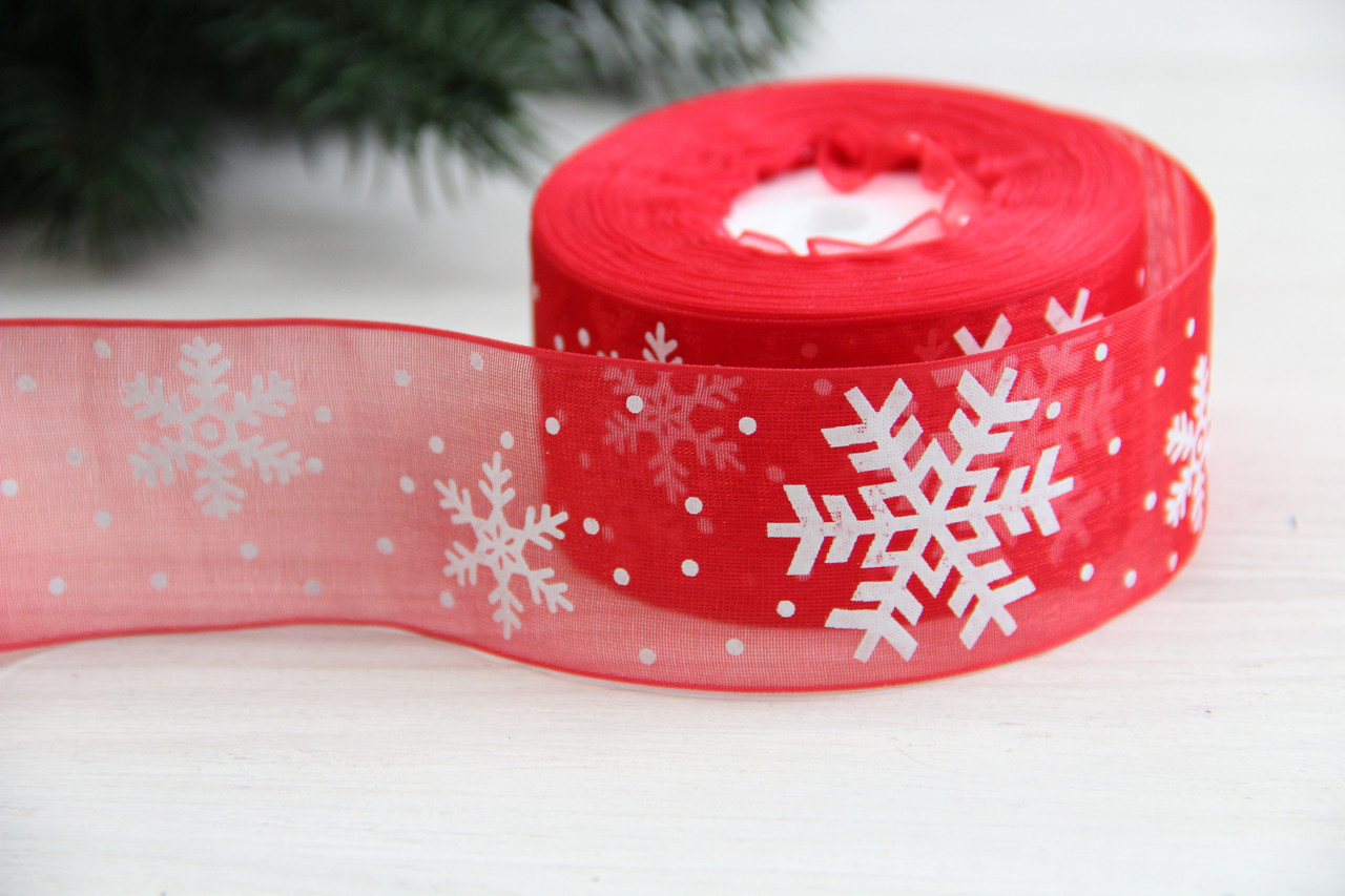 Органза "Білі сніжинки " 4 см червона рулон 22.5 метри, фото 1
